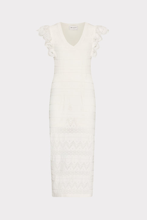 Lace Flutter Sleeve Knit Midi Dress Ecru Image 1 of 5