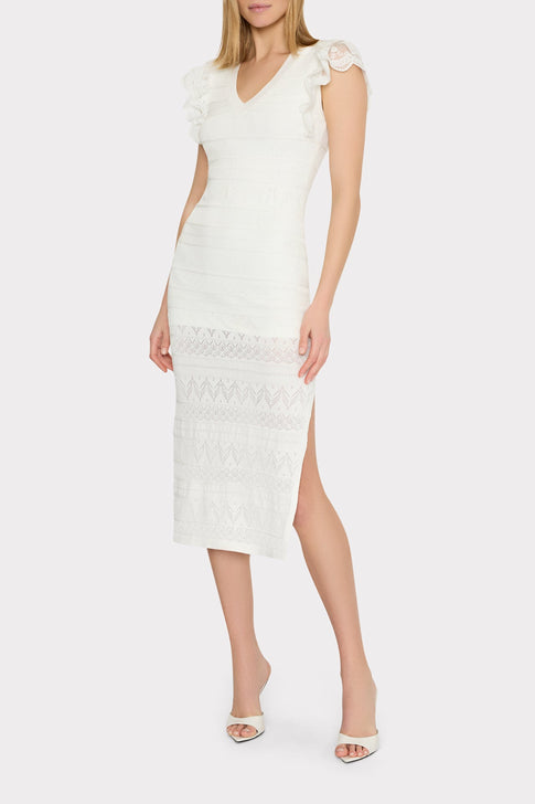Lace Flutter Sleeve Knit Midi Dress Ecru Image 2 of 5