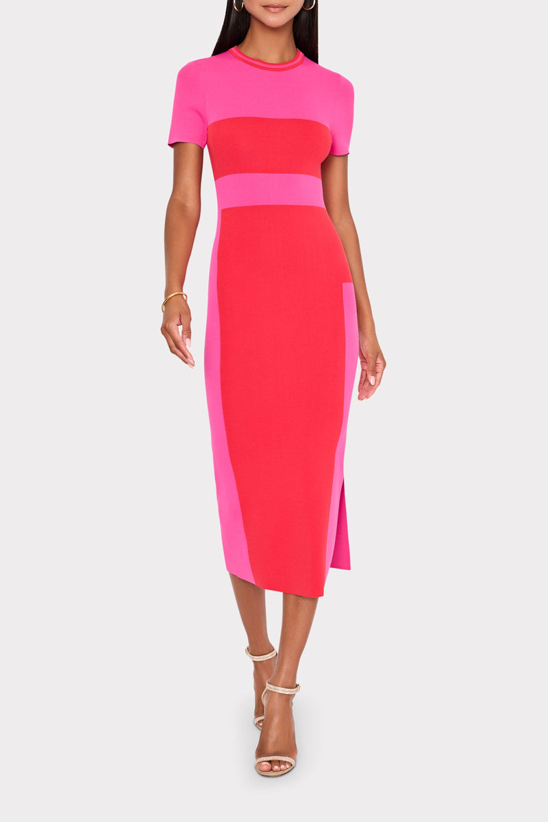 Woman wearing pink and red colorblock knit midi dress - Full Length Look | MILLY
