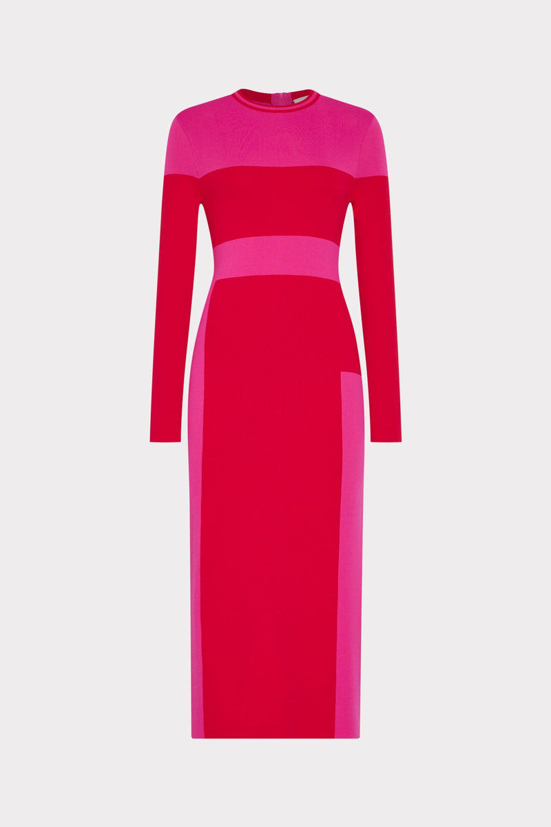 Pink Red Colorblock Knit Long Sleeve Midi Dress - Front View | MILLY