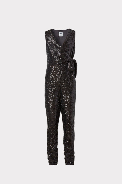 Mini Stretch Micro Sequins Tie Jumpsuit Black Image 1 of 2