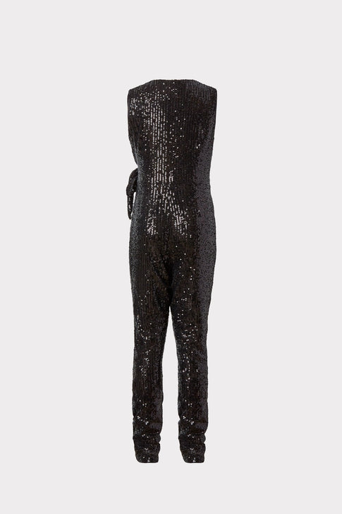 Mini Stretch Micro Sequins Tie Jumpsuit Black Image 2 of 2