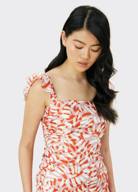 Brushstroke Print On Silk Twill Dayna Dress Coral Multi Image 3 of 8