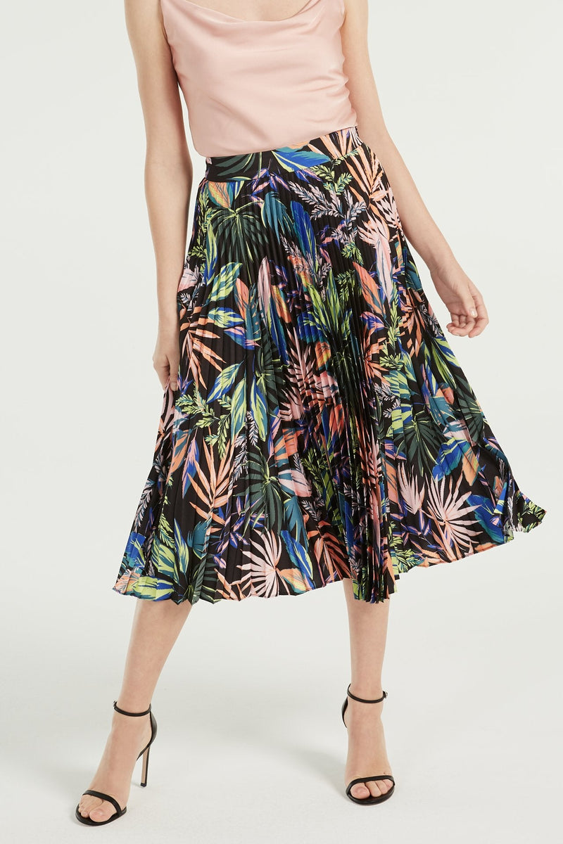 Tropical Palm Print Pleat Skirt