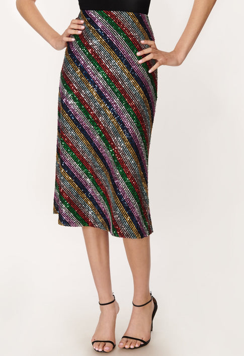 Rainbow Multistripe Sequins Bias Skirt 0