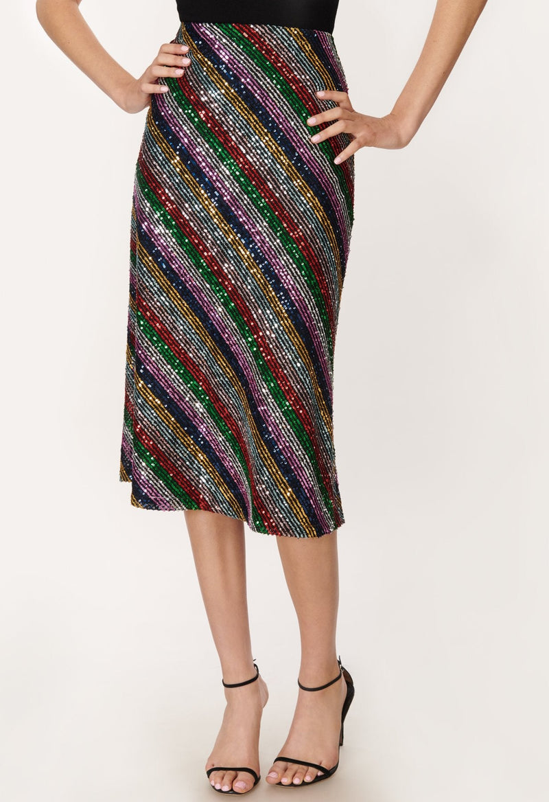 Rainbow Multistripe Sequins Bias Skirt