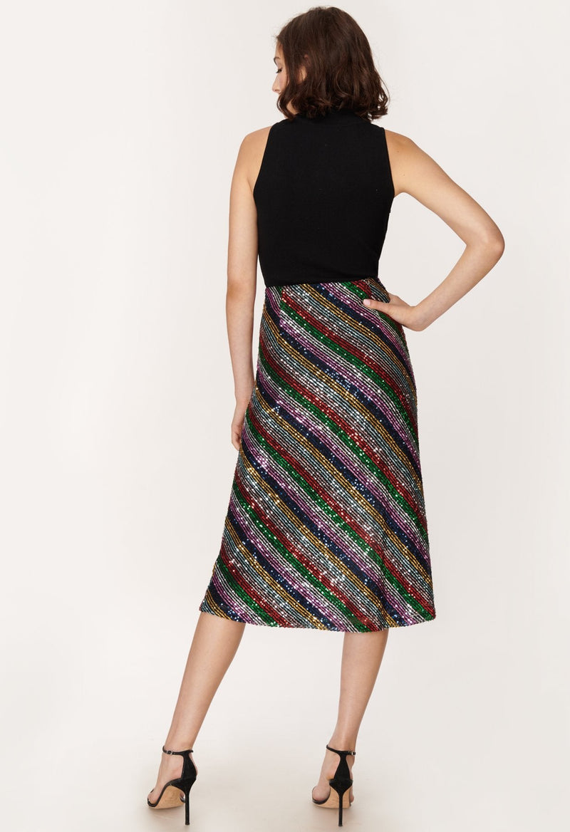Rainbow Multistripe Sequins Bias Skirt
