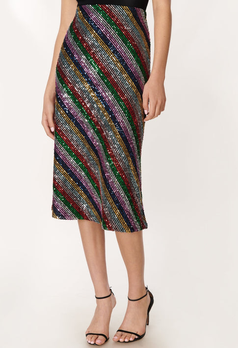 Rainbow Multistripe Sequins Bias Skirt 2