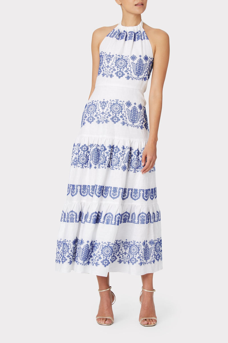 Dea Crosstitch Linen Embroidered Tiered Maxi