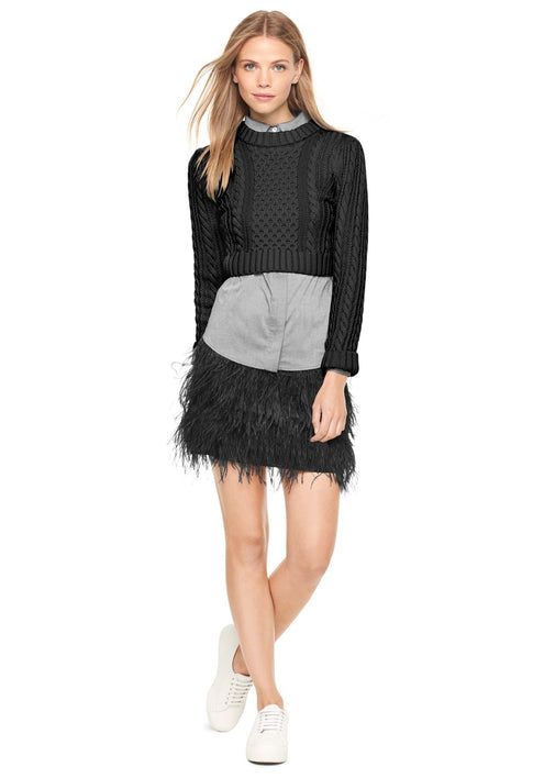 Cropped Aran Stitch Sweater BLACK Image 1 of 3