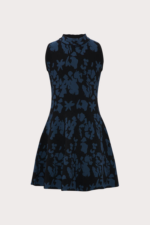 Mini Floral Flared Dress Black/Lapis Image 1 of 2