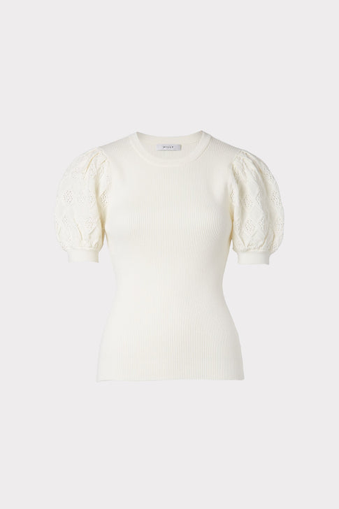 Pointelle Poof Sleeve Ribbed Top 0